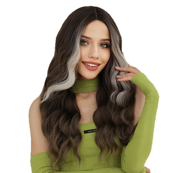 Women's Center Part Fluffy Long Curly Hair, Gradient Ash Brown