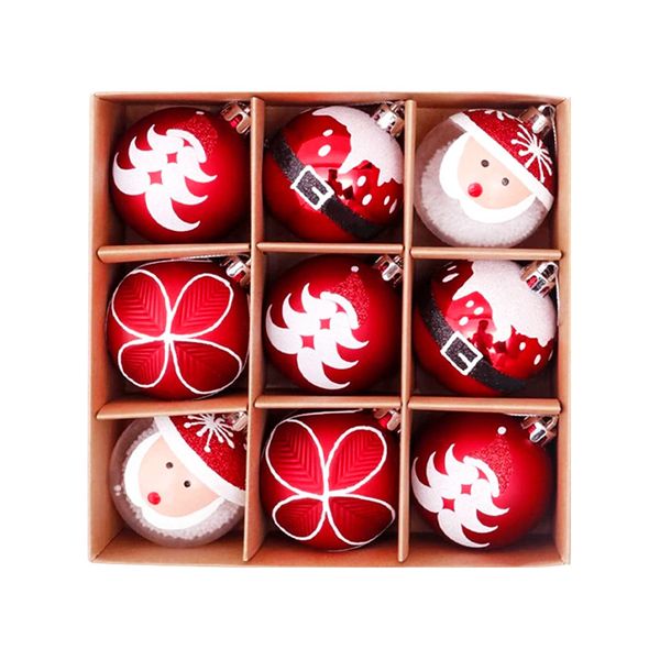 A Round Red Electroplated Plastic Ball With Painted Christmas Balls-9PCS