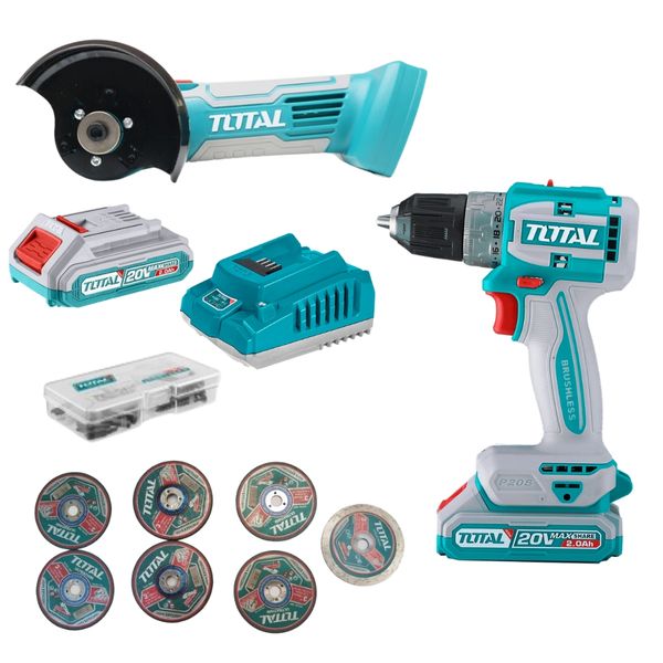 Total - Cordless Drill with Mini Cut-off Tool 2 x 2Ah Battery and Charger