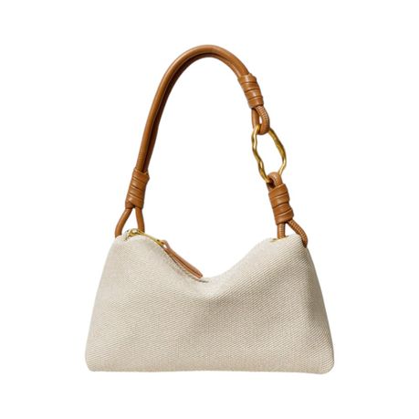Textured Shoulder Bag With Twisted Leather Strap & Gold Accent - Beige Image