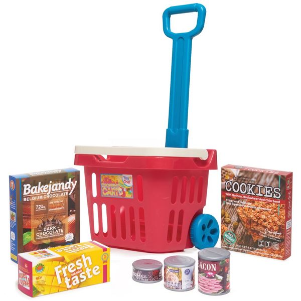 Toy Chef Rolling Shopping Basket With Canned Goods &amp; Meal Set