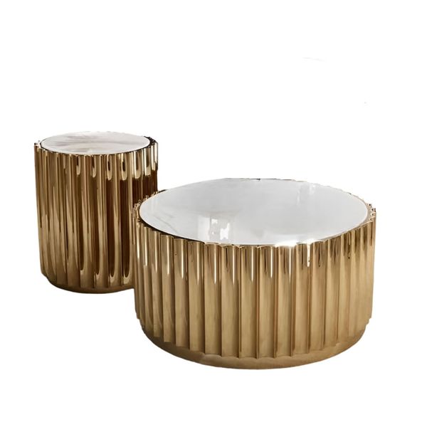 90cm And 50cm Marble-Top Round Coffee Table With Stainless Steel Frame