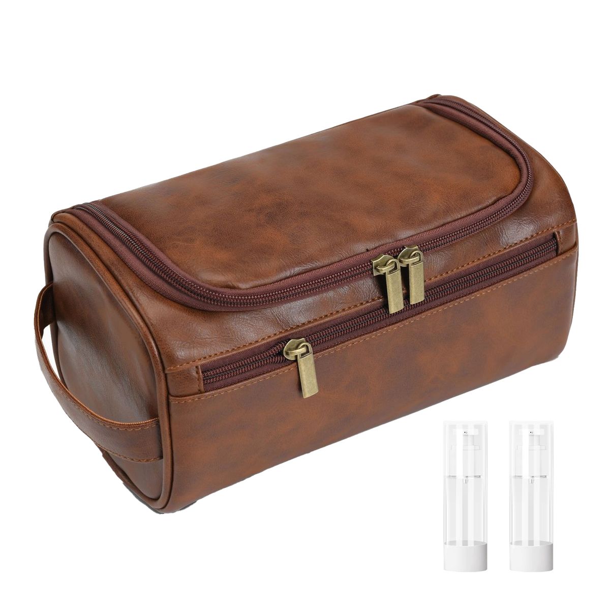Leather Travel Large Capacity Toiletry Bag Cosmetic Bags Set with Dispenser
