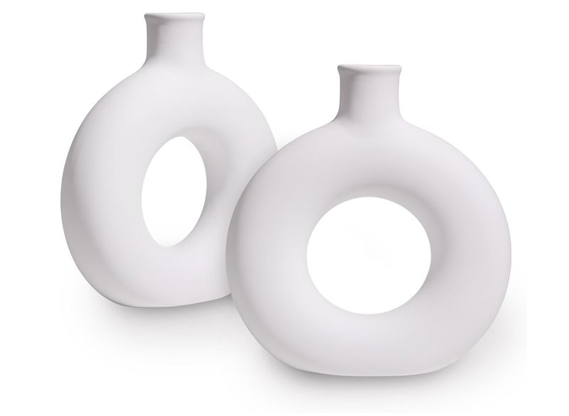 Modern Round Donut Vase Set of 2-8.46" x 2.55" x 9.84" Dolomite Hollow
