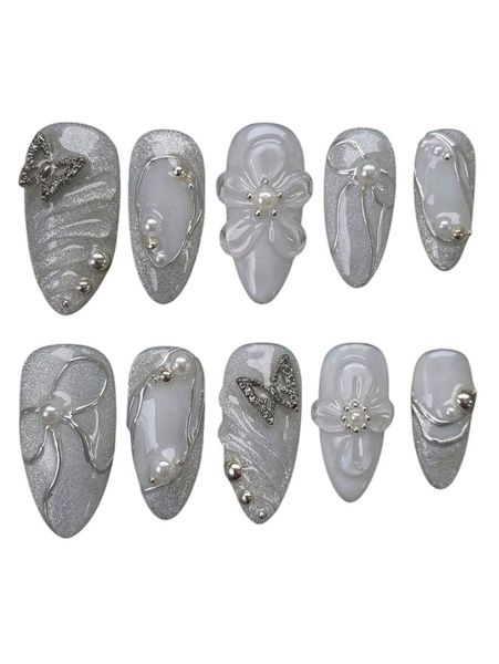 10 Piece - Almond Shaped 3D Butterfly Rhinestone Nails - Multicolor