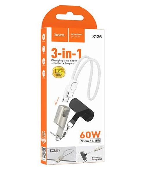 Hoco. X126 3-in-1 Charging Data Cable with Phone Holder &amp; Lanyard.