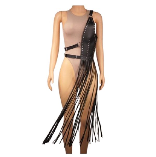 Women's Adjustable Faux Leather Body Harness Skirt with Fringe
