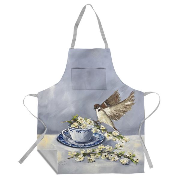Bird In Floral Tea Set By Juanette Menderoi Medium Length Apron