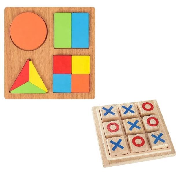 Durable Wooden Fraction Shape Puzzle and Tic Tac Toe Game - Set of 2 - 10 Piece
