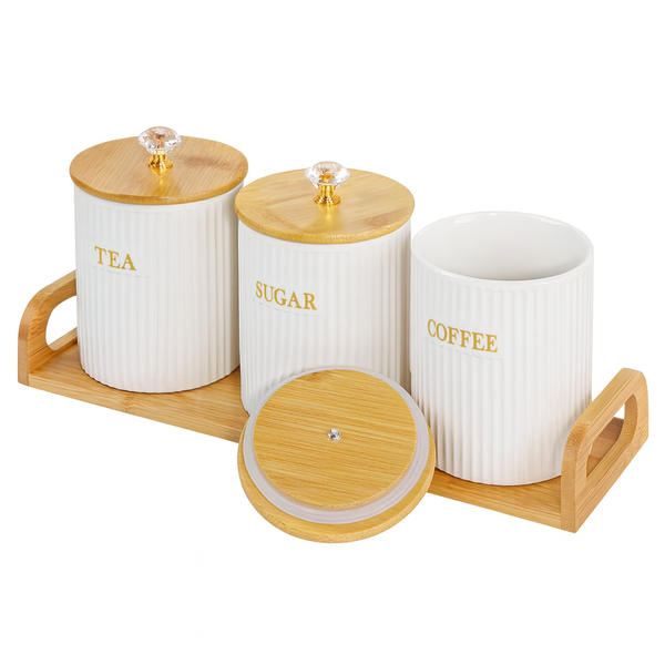 Canister Set with Bamboo Lids and Wooden Tray - White 3-Pack