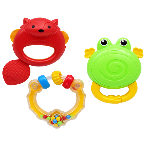 3-Piece Baby Rattle &amp; Teether Set Racoon, Frog &amp; Bracelet