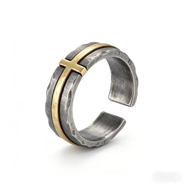 Vintage Two-Tone Cross Open Ring Dark Retro Adjustable Band Ring