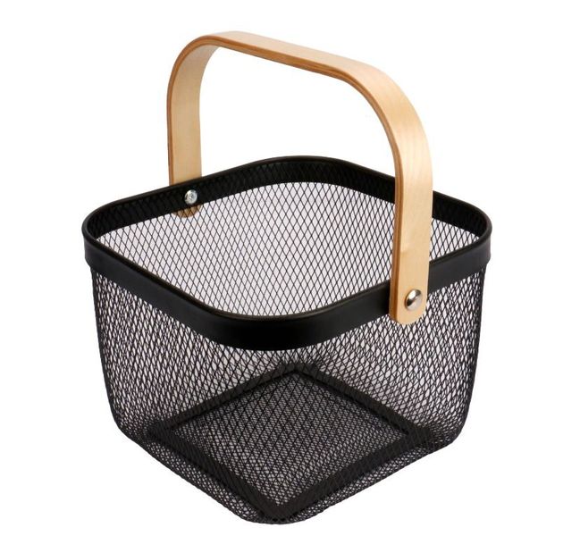 Mesh Storage Basket With Wooden Handle Small - Black