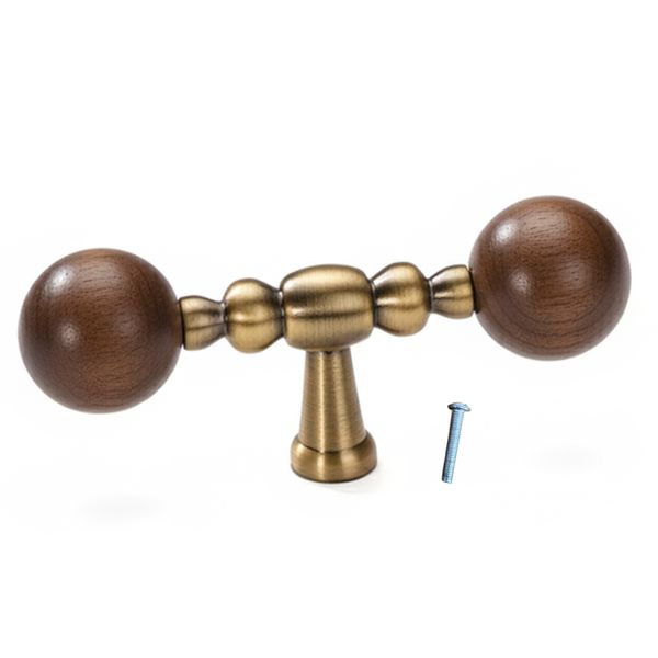Antique Brass Walnut Ball T-Bar Knob Single Hole Kitchen Cupboard Drawer
