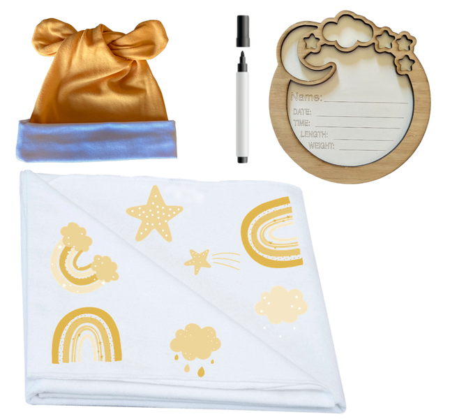 Swaddle, Newborn Beanie &amp; Birth Announcement -Rainbow Mustard Printed