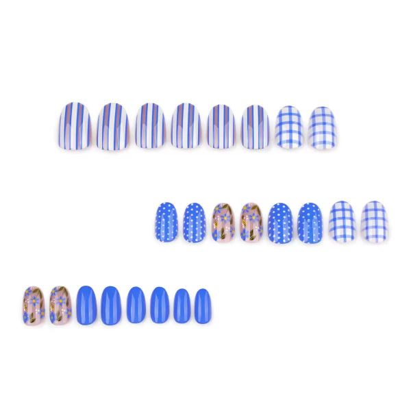 Blue And White Checkered Striped Short False Nails