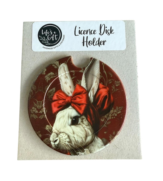 Licence Disk Holder - White Bunny with Red Bow
