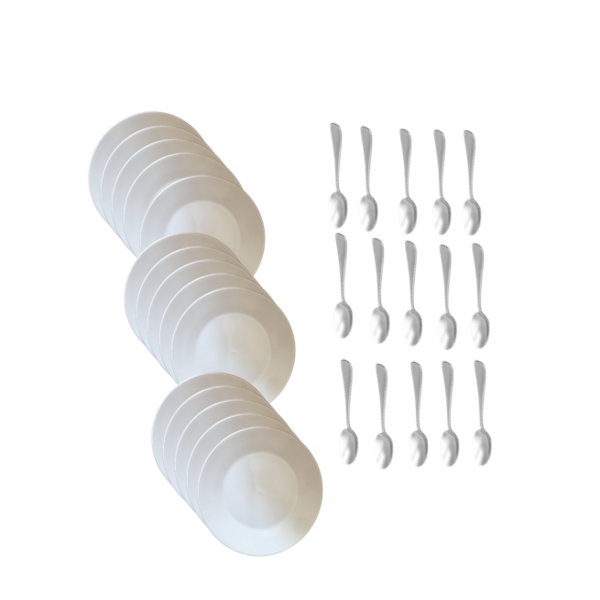 30 Piece Round Ceramic Dinner Plates and Silver Stainless Steel Spoons