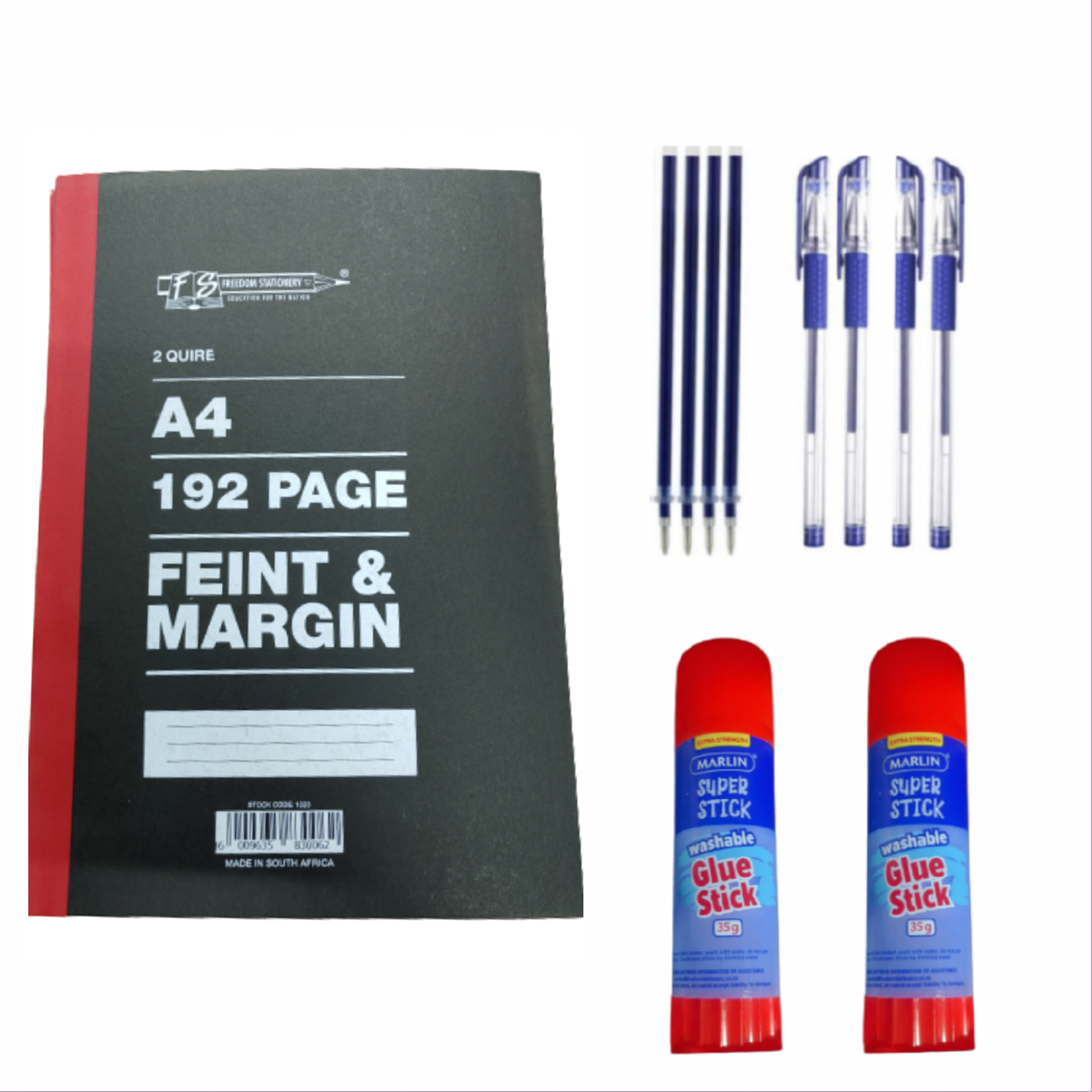 Books 2 Quire Feint & Margin Books, Two Glue sticks & Pack Of 4 Gel ...