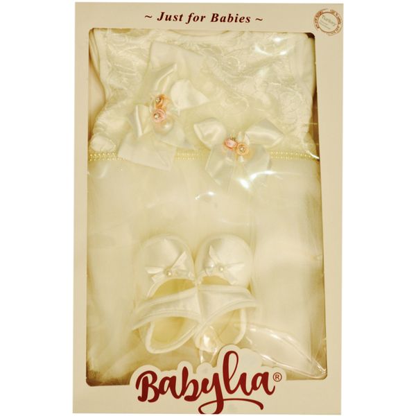 Babylia Dress with Grow, Headband and Booties - White with Pink Roses