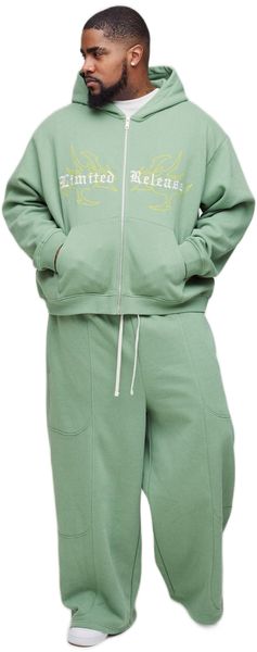 boohooMAN - Men's Plus Size Limited Hooded Wide Fit Tracksuit - Green