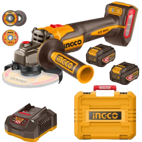Ingco - Cordless Angle Grinder 115mm (42V) 1080W with 2 Batteries &amp; Charger