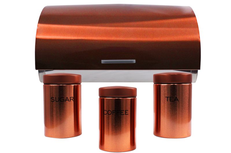 Glossy Stainless Steel Two Loaf Bread Bin &amp; Matching 3 Piece Canister Set