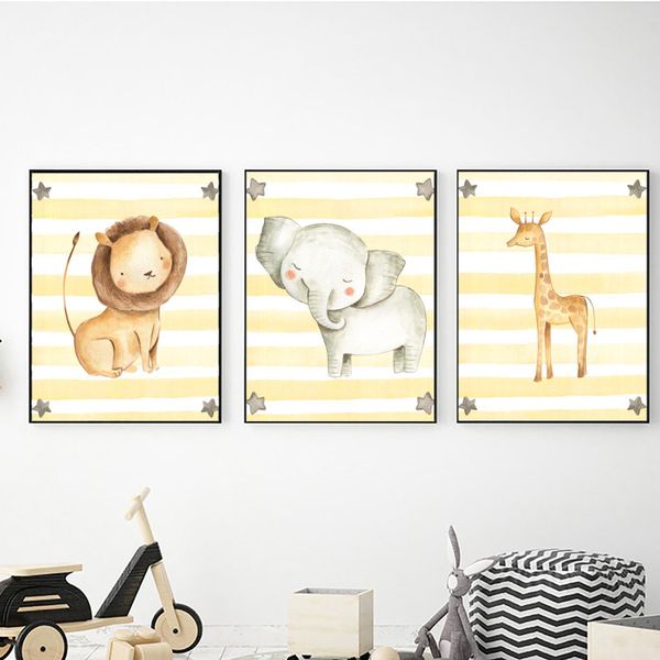 Safari Animals Yellow Stripe - A2 - Canvas (3.5cm ) -Set Of 3