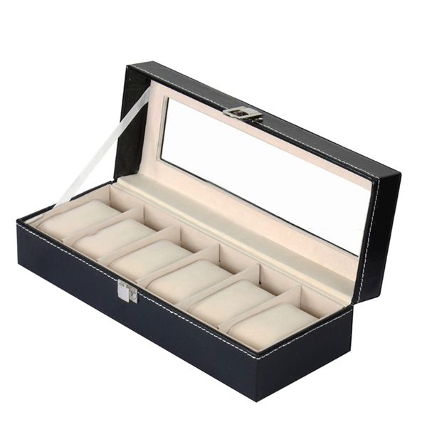 Portable 6 Compartment PU Leather Watch Jewelry Display Box - Black