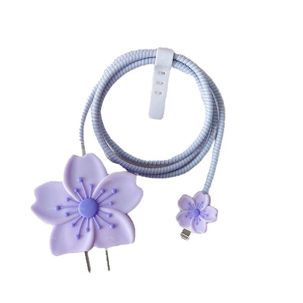 Data Line Wire Saver Cable Protector Set compatible with iPhone- Purple Cherry Flower