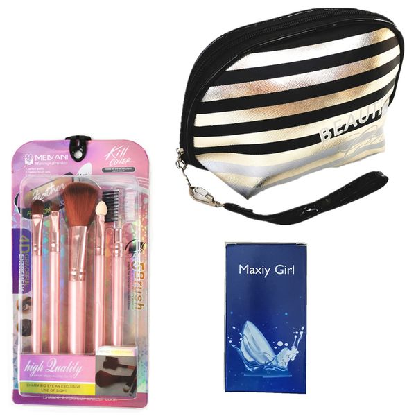 Makeup Bag, 5 Piece Makeup Brushes &amp; MaxiyGirl Blue Gift Set Combo