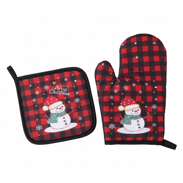 Merry Christmas Checkered Design Oven Mitt &amp; Pot Holder Set - Red - 2 Piece