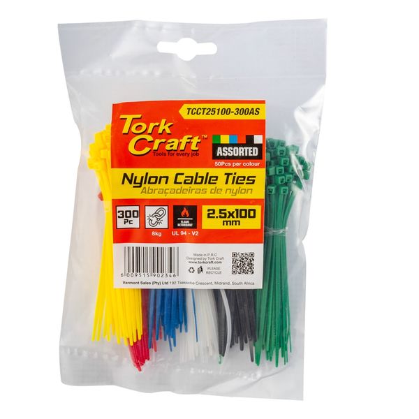 Tork Craft - Nylon Cable Ties 2.5 X 100mm Assoprted - 300 Pieces