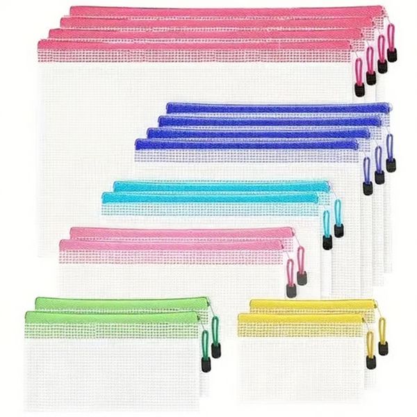16pc FIle Pouches Mesh Zipper File Bags 6 Sizes Document Bill Invocie Bags
