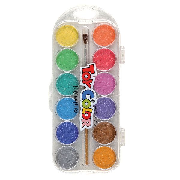 Toy Color - Watercolour Pallet &amp; Paint Brush - Pearly Shimmer - 12 Colours
