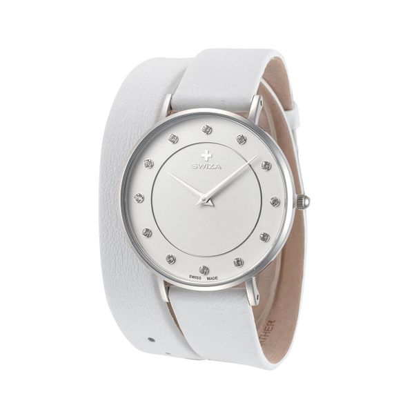 Swiza Women's Plana 34mm Silver Dial Leather Watch (White)