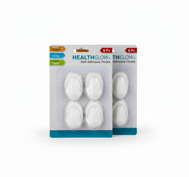 Healthglow 6 Piece Self-Adhesive Oval Hooks for Home and Office - 2 Pack