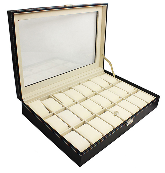 Jack Brown Luxury 24-Slot PU Leather Watch Display Box - Black