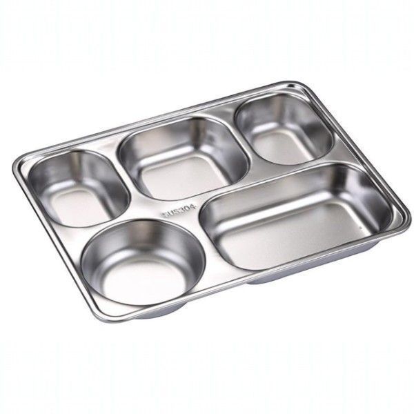 Stainless Steel Rectangular 5-Compartment Food Tray - Silver