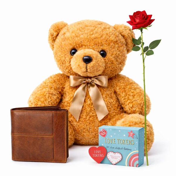 Valentine's Day Gift Set for Him - Teddy Bear Genuine Leather Wallet Token