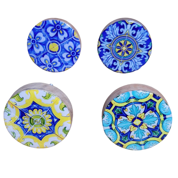 4 Doorknobs - Yellow Centre &amp; Assorted Blue Mandala