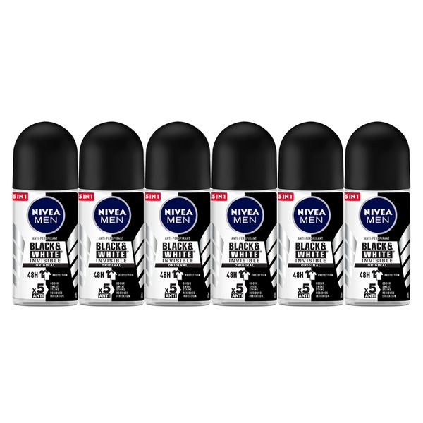 NIVEA MEN Black &amp; White Invisible Original Anti-perspirant Roll-On, 6x50ml