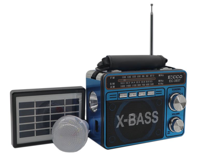 Ecco EC-3857 Solar Powered MP3/FM/AM/USB Portable Radio/Torch &amp; Strap -Blue