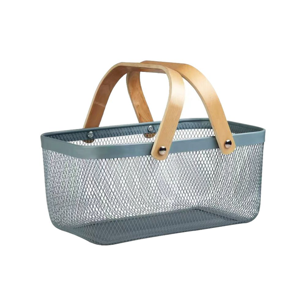 Metal Steel Fruit Winslow Wire Basket Bin with Bamboo Handle - Grey