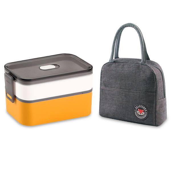 Lunch Box with 2 Layers &amp; Lunch Tote Bag Stackable Plastic Bento