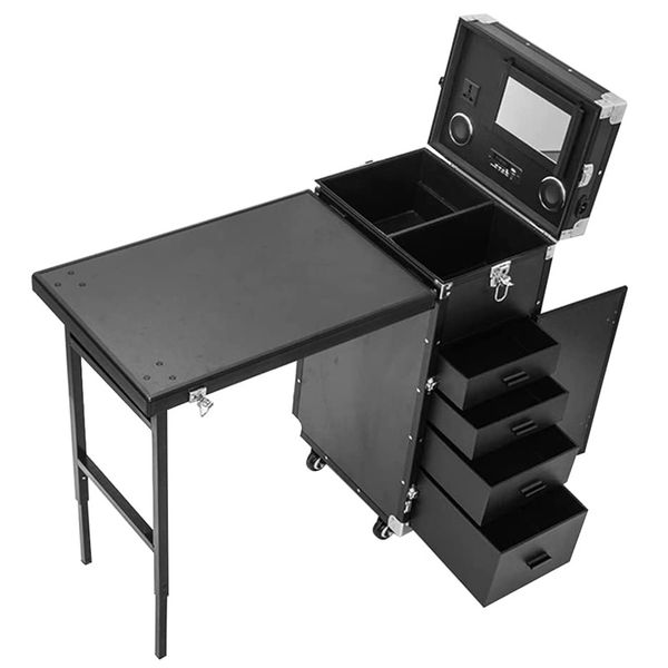 Rolling Black Aluminum Manicure Table Workstation Desk with 4 Drawers