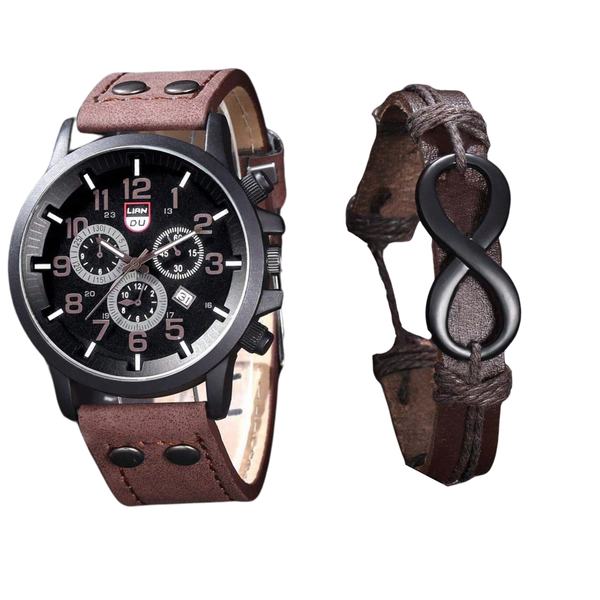 2 Piece/Set Men's Brown Pu Leather Strap watch &amp; Figure 8 Shaped Bracelet