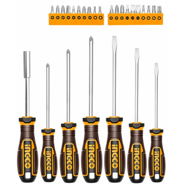 Ingco - Screwdriver &amp; Bits Set 27 Piece (7 SL/PH screwdrivers + 20 tips)