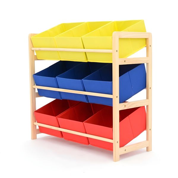 3 Layer Pine Wood Toy Storage Rack with 9 Fabric Boxes - Multicolor