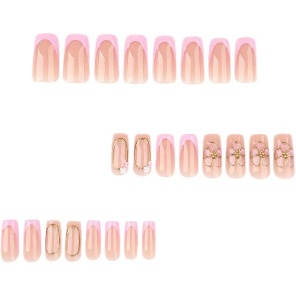 French Style 3D Flower Pink Minimalist Nail Art False Nails